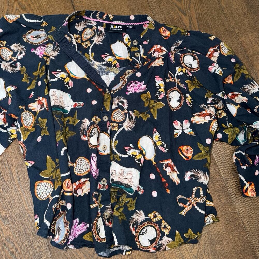 Maeve Anthropologie Floral Navy Blue Blouse Shirt Sz XS - Picture 5 of 6